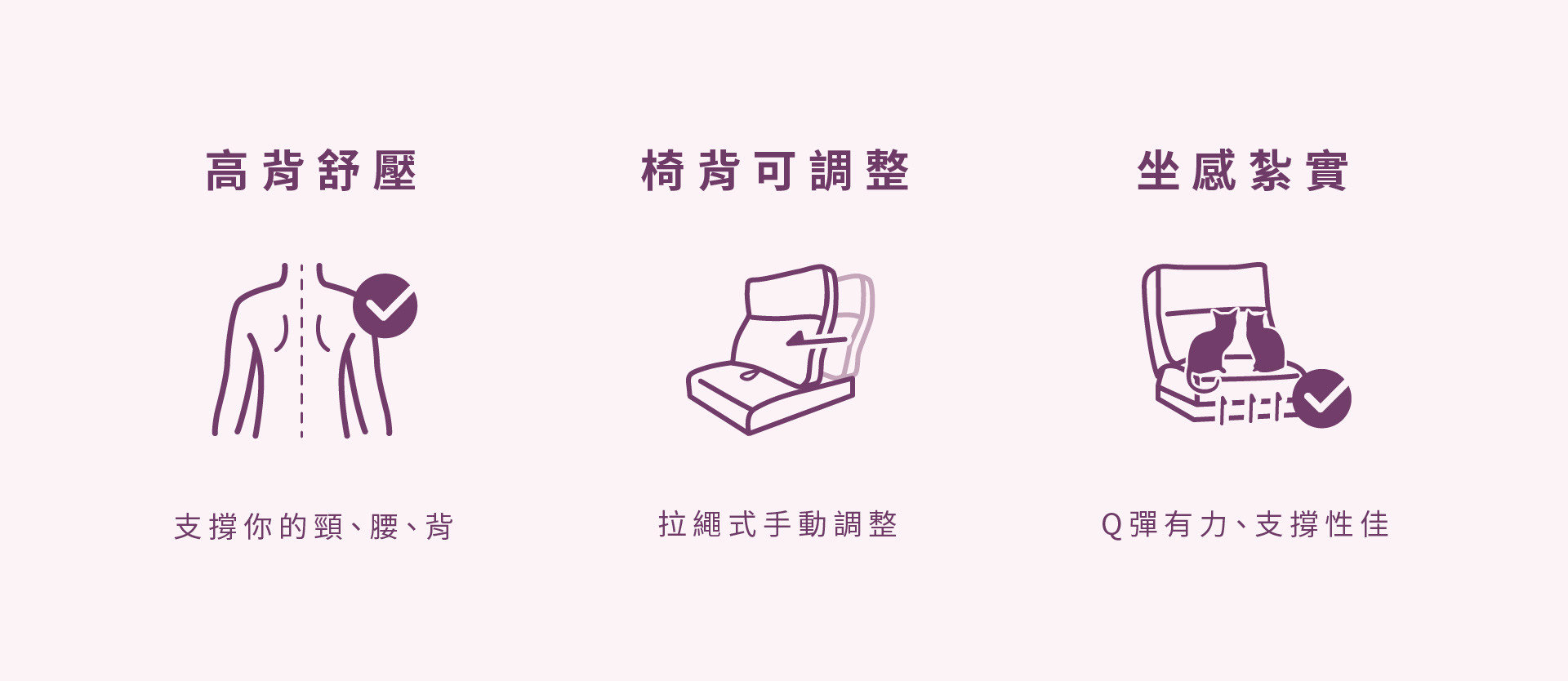 波妞沙發商品特色：高背支撐、拉繩式椅背、坐感扎實