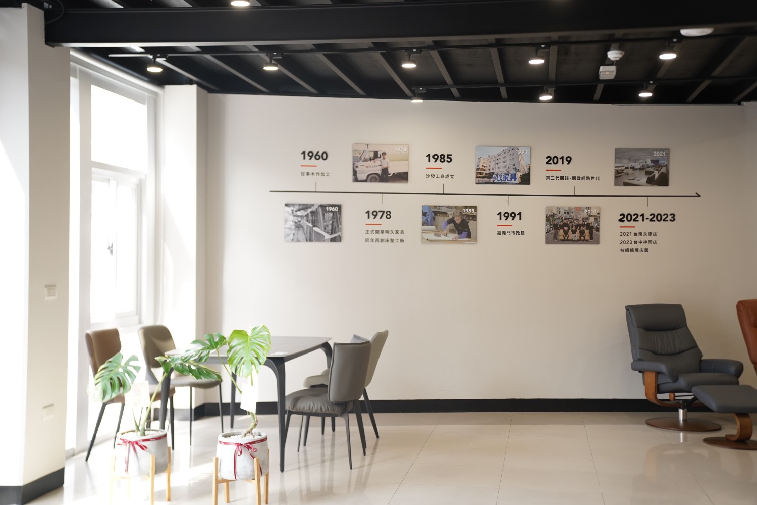 明久家具台中店品牌歷史牆，收錄明久家具品牌發展的過程。